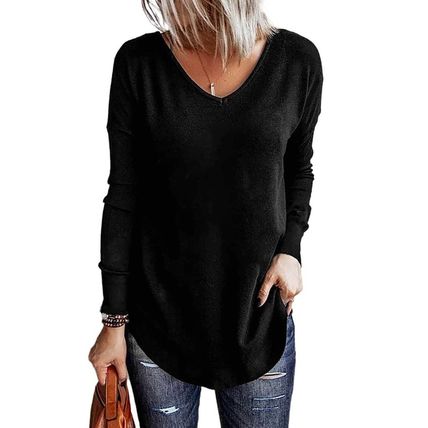Black Solid Color V Neck Long Sleeve Knit Top