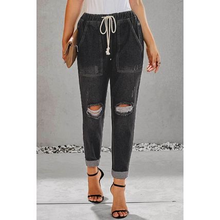 Gather Round Distressed Pocketed Denim Jogger Pants