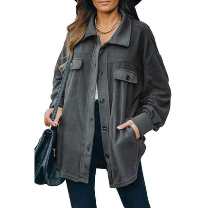 Gray Turn Down Collar Buttoned Shirt Jacket