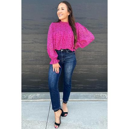Rose Leopard Shirred Puff Sleeve Flowy Blouse