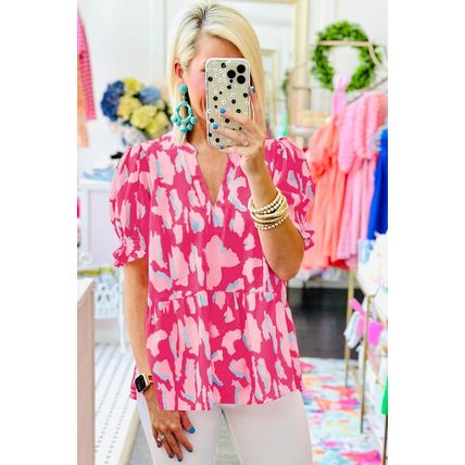 Rose Abstract Print Smocked Puff Sleeve V Neck Blouse
