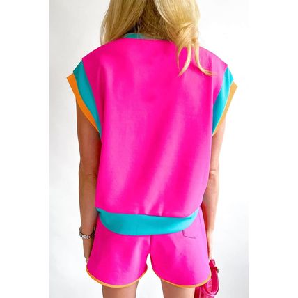 Rose Red Contrast Trim Cap Sleeve Tee Shorts Set