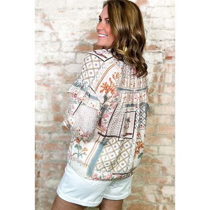 Multicolour Boho Floral Patched Ruffled Sleeve Tied Neck Blouse