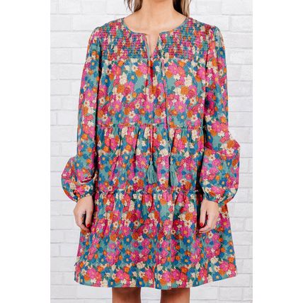 Sky Blue Plus Size Floral Print Shirred Ruffle Tiered Mini Dress
