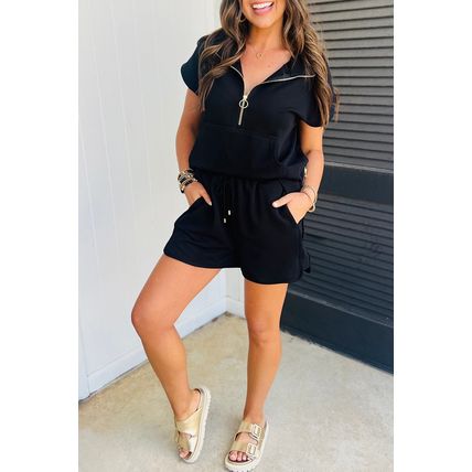 Black Textured Half Zip Kangaroo Pocket Top Drawstring Shorts Set