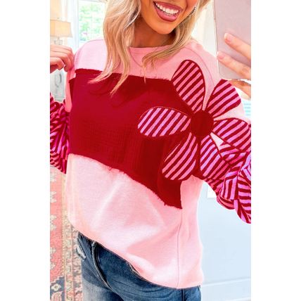 Pink Floral Patch Color Block Striped Sleeve Textured Top