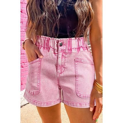 Strawberry Pink Elastic High Waisted Denim Shorts