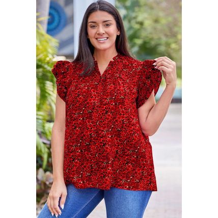 Fiery Red Rose Floral Print Ruffle Sleeve Plus Size Shift Top