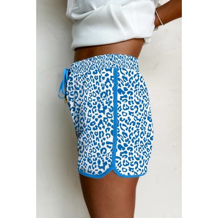 Blue Leopard Elastic Waist Lace up Contrast Trim Casual Shorts