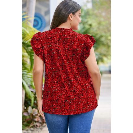 Fiery Red Rose Floral Print Ruffle Sleeve Plus Size Shift Top