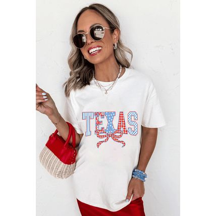 White Independence Day TEXAS Bow Printed T Shirt