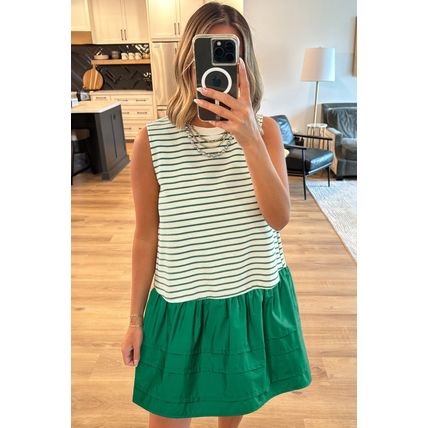 Green Stripe Woven Ruffled Sleeveless Mini Dress
