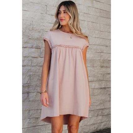 Oatmeal Frilled Trim Crew Neck Loose Fit Mini Dress