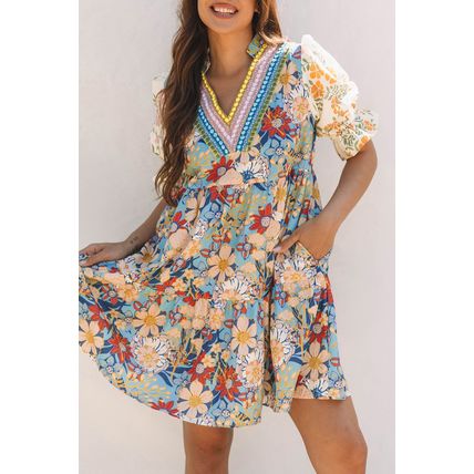 Multicolour Boho Floral Print Crochet Patchwork V Neck Loose Mini Dress