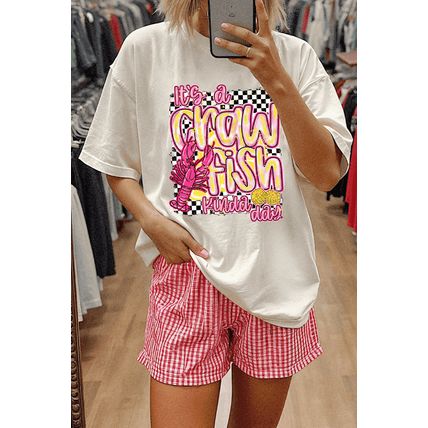 White Crawfish Checkered Pattern Graphic Tee