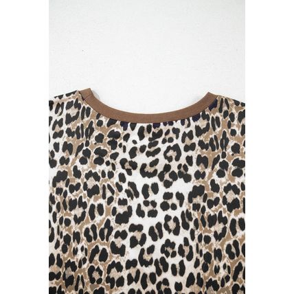 Khaki Leopard Contrast Trim Short Sleeve Loose Plus Size Top
