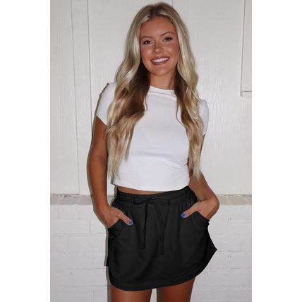 Black French Terry Drawstring Mini Skort with Pockets