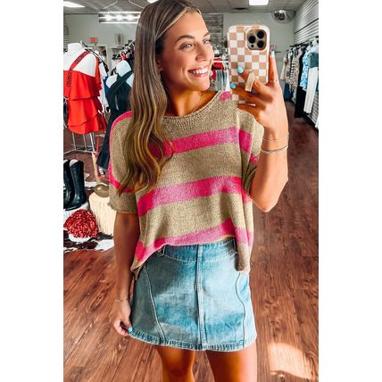 Pink Stripe Colorblock Short Sleeve Crew Neck Lightweight Sweater