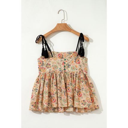 Apricot Floral Print Spaghetti Straps Ruffled Peplum Tank Top
