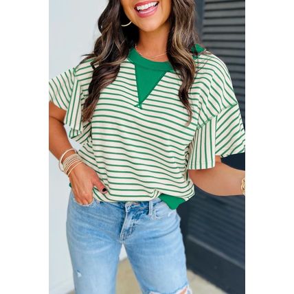 Bright Green Contrast Detail Striped Ruffle Short Sleeve Top