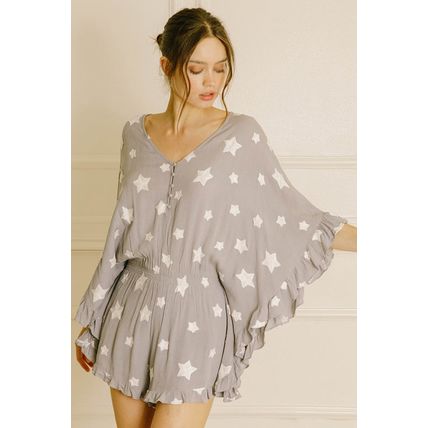 Gray Star Print Crinkle Textured Kimono Ruffle Sleeve Romper