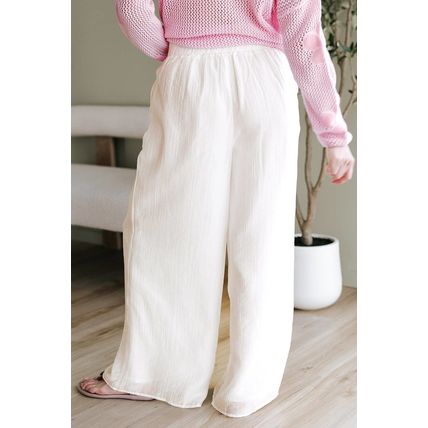 White Casual Tie Waist Pleated Wide Leg Pants