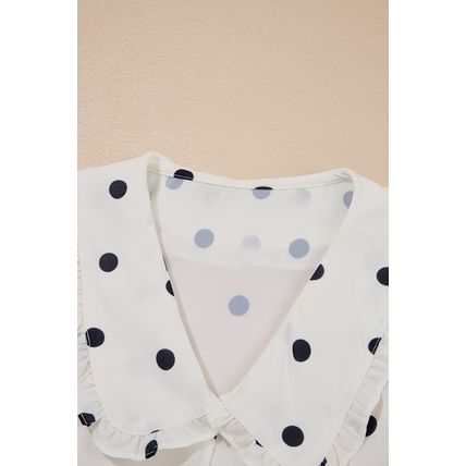 White Polka Dot Collared Lace up Font Puff Sleeve Peplum Top