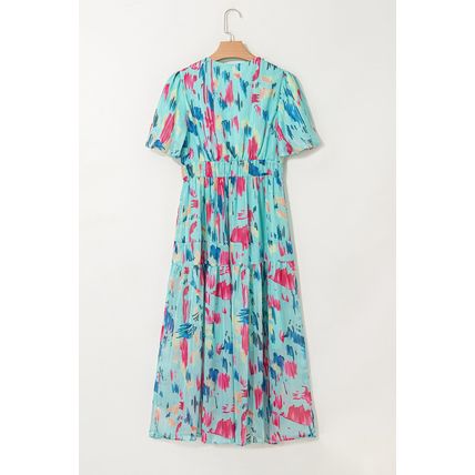 Sky Blue Abstract Print Short Puff Sleeve Tiered Maxi Dress