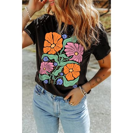 Black Colorful Flower Graphic Crewneck Summer Tee
