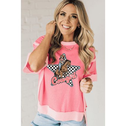 Peach Blossom Cowgirl Checkered Star Shape Print Exposed Seam T Shirt