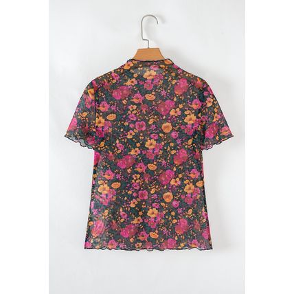 Rose Floral Print Mesh Stand Neck Short Sleeve Top