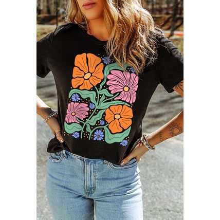 Black Colorful Flower Graphic Crewneck Summer Tee