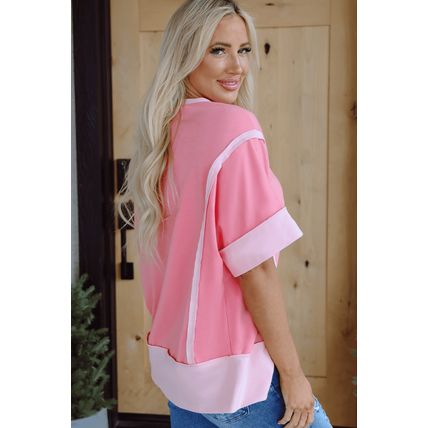 Peach Blossom Cowgirl Checkered Star Shape Print Exposed Seam T Shirt