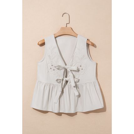 Parchment Hollow Out Embroidered Flower Knot Front V Neck Tank Top