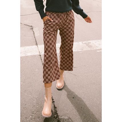 Khaki Checkered Elastic High Waist Loose Casual Pants
