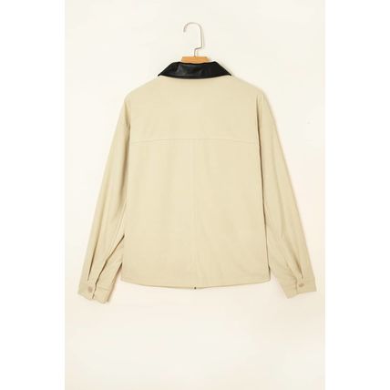 Parchment Contrast Leather Collar Textured Zip Up Jacket