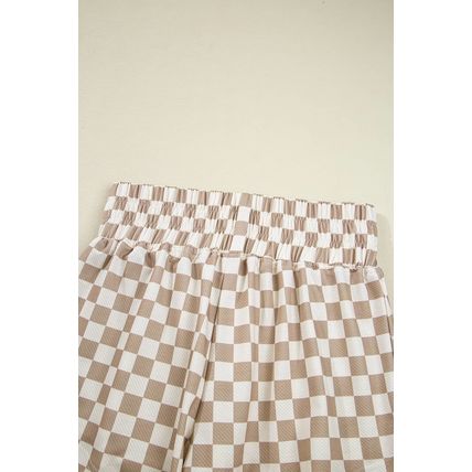 Khaki Checkered Long Sleeve Crop Top High Waist Skort 2pcs Set