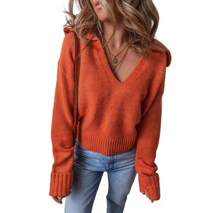 Flamingo Collared V Neck Ribbed Edge Sexy Elegant Sweater