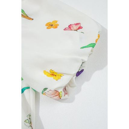White Floral Print Contrast Striped Patchwork Short Puff Sleeve Dress