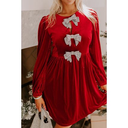 Fiery Red Bowknot Decor High Waist Velvet Mini Dress