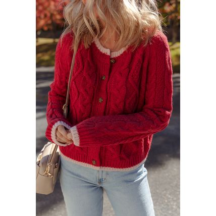 Racing Red Color Contrast Edge Cable Knit Buttoned Cardigan