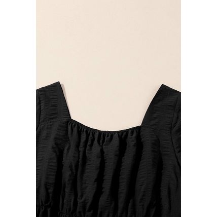 Black Lace-up Ruched Front Long Sleeve Ruffle Hem Plus Size Midi Dress