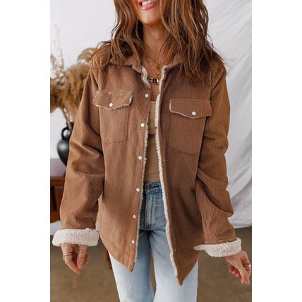 Cinnamon Fleece Lined Buttoned Flap Pockets Corduroy Jacket