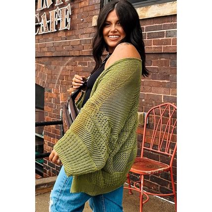 Spinach Green Oversize Crochet Knit Open Cardigan