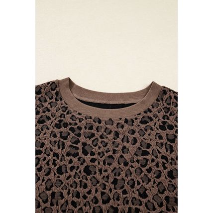 Brown Ribbed Trim Leopard Print Long Sleeve Top