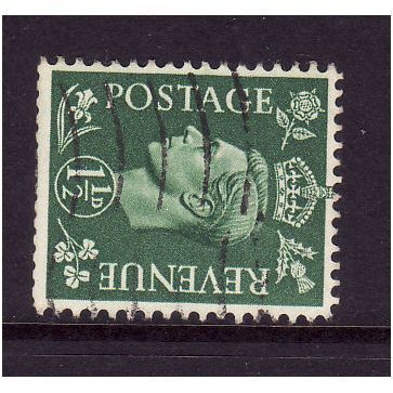GREAT BRITAIN 1950 GEORGE VI SG 505a 1 1/2d PALE GREEN WMK SIDEWAYS FU #4