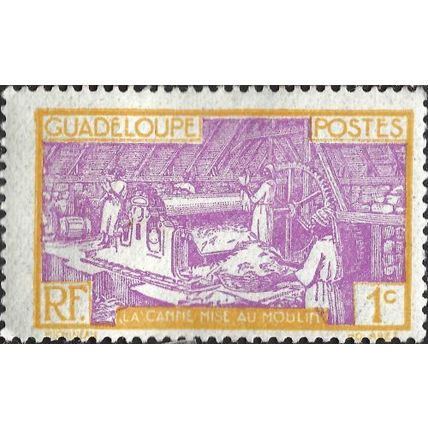 GUADELOUPE, Cane sugar mill, violet & yellow 1928, 1c