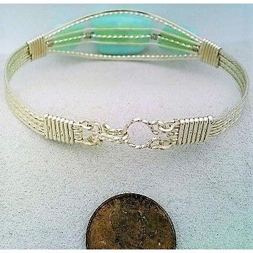 Blue Opal Silver Wire Wrap Gemstone Bangle Cuff Bracelet Sz. 7.5
