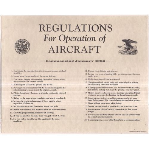 AMERICAN REGULATIONS FOR OPERATION OF AIRCRAFT, 1920.. on card.. 10 x 8 inches =