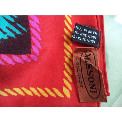 MISSONI Collector Vintage silk Scarf Red Blue Zigzag Rolled 80s Large Carre